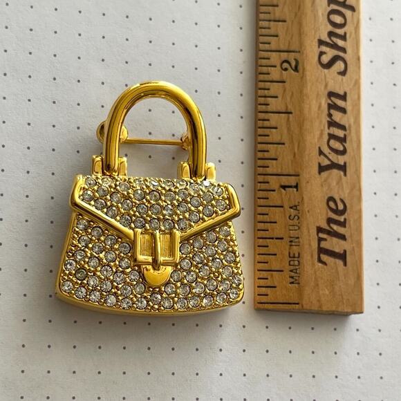 Vintage Napier Crystal Rhinestone Purse Handbag Pin Brooch Gold Tones - Picture 2 of 4